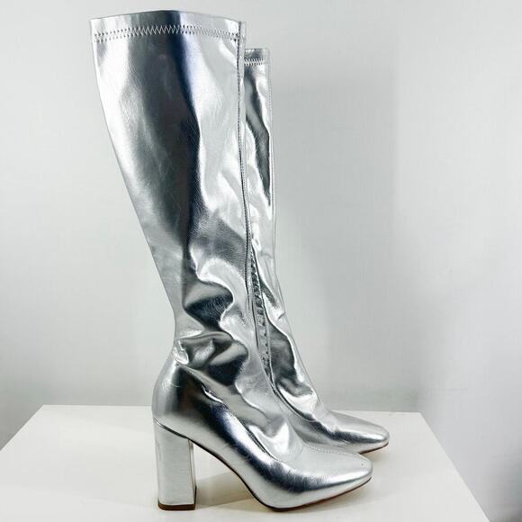 SIMMI LONDON TALULLA SILVER PATENT BLOCK HEEL KNEE HIGH BOOTS - Picture 2 of 6